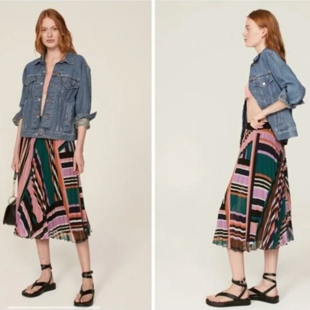 BA&SH Striped Pleated Midi Skirt Size Small